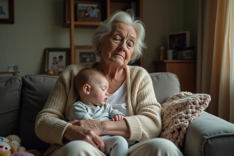Grand-mère épuisée tenant un petit-enfant endormi sur ses genoux dans un salon familial encombré de jouets