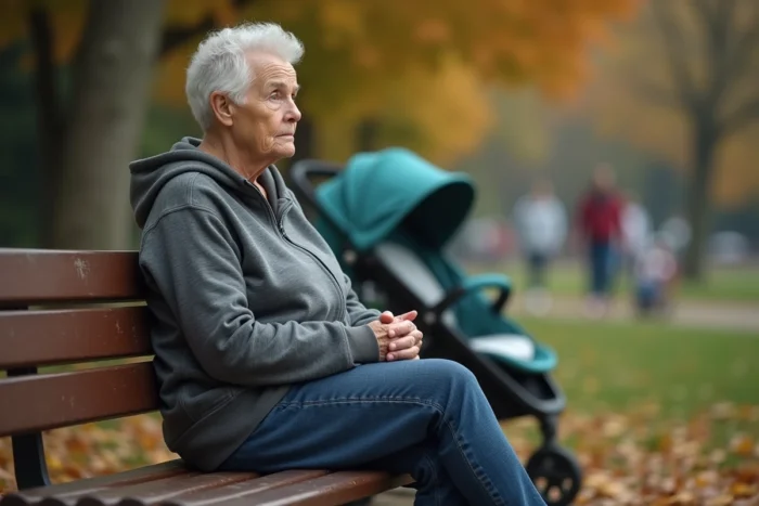 Grand-mère épuisée assise seule sur un banc de parc en automne avec une poussette à ses côtés