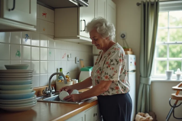 Femme âgée fatiguée faisant la vaisselle dans une cuisine encombrée tout en gardant ses petits-enfants