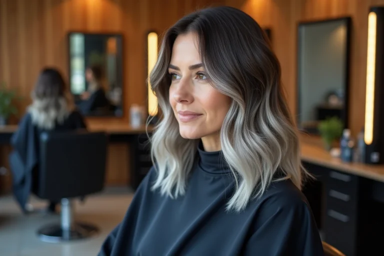 Femme aux cheveux châtain foncé avec grey blending naturel en salon de coiffure, technique de mélange des cheveux blancs