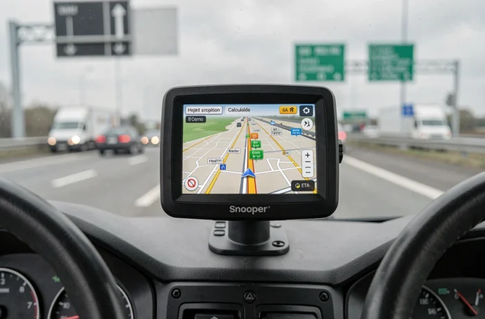 Gros plan sur l'écran d'un GPS poids lourd Snooper affichant un itinéraire sur autoroute