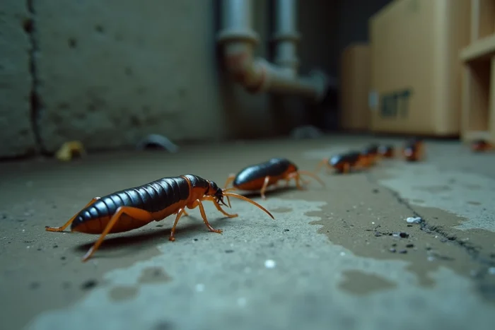 Gros plan de perce-oreilles rampant sur un mur humide de sous-sol en béton