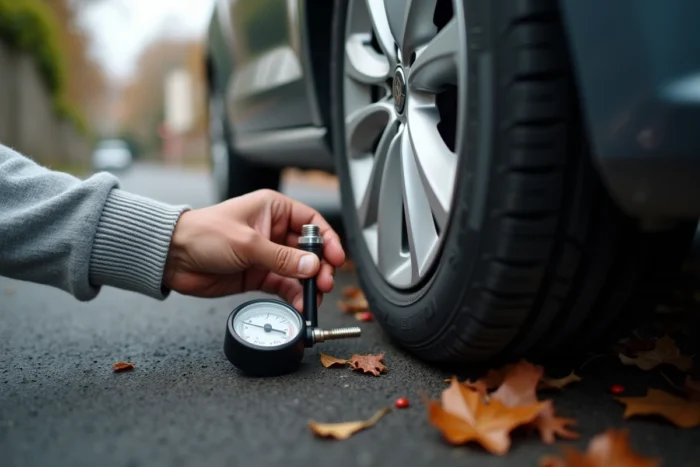 Gros plan sur la valve d'un pneu de Seat Ibiza et un manomètre posé sur l'asphalte en rue résidentielle