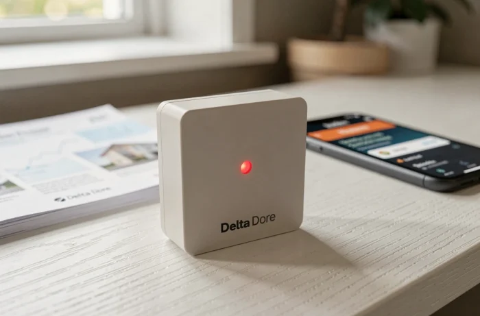 Gros plan sur le voyant rouge d'un appareil Delta Dore posé sur un bureau avec manuel et smartphone