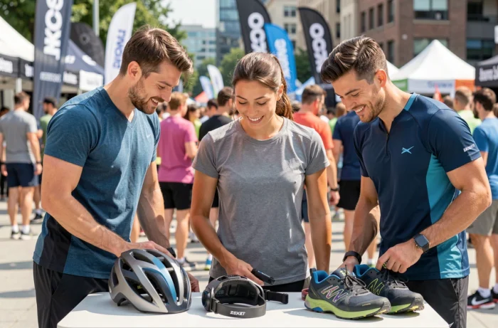 Groupe d'athlètes découvrant les meilleurs équipements sportifs lors d'un salon de sport en plein air