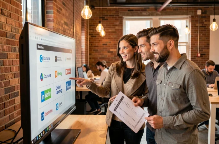 Groupe de professionnels comparant des plateformes de formation en ligne dans un espace de coworking