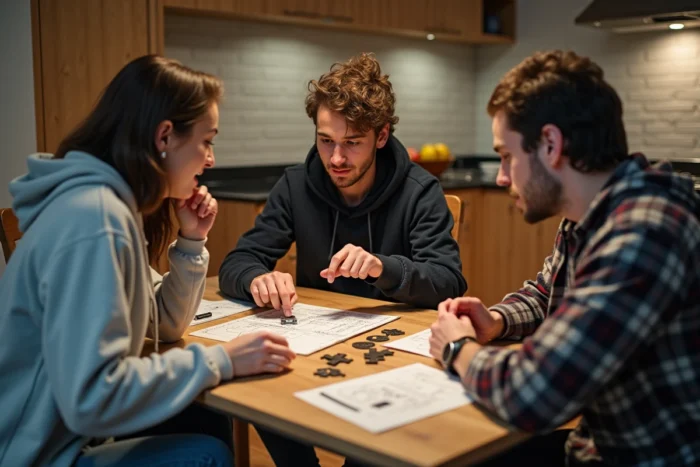 Groupe d'adultes jouant à un escape game maison autour d'une table avec des énigmes et des codes