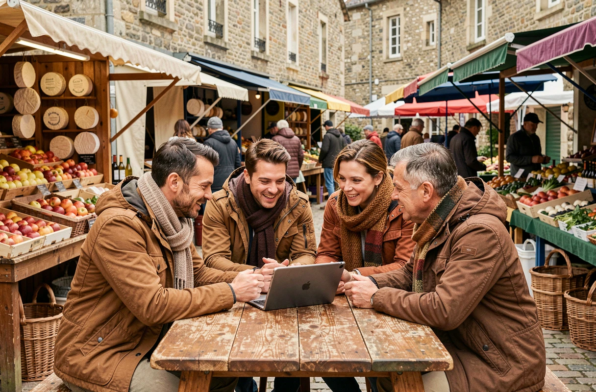 Groupe de normands discutant des actualités locales autour d'une tablette au marché hebdomadaire