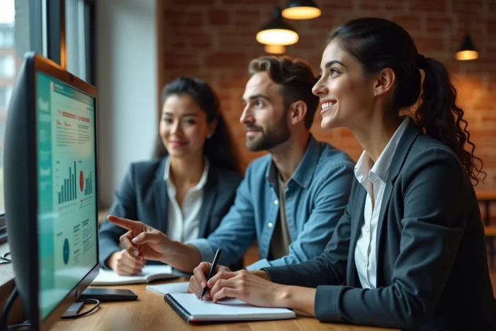 Groupe de jeunes professionnels explorant une plateforme de formation et d'évolution de carrière dans un espace de coworking