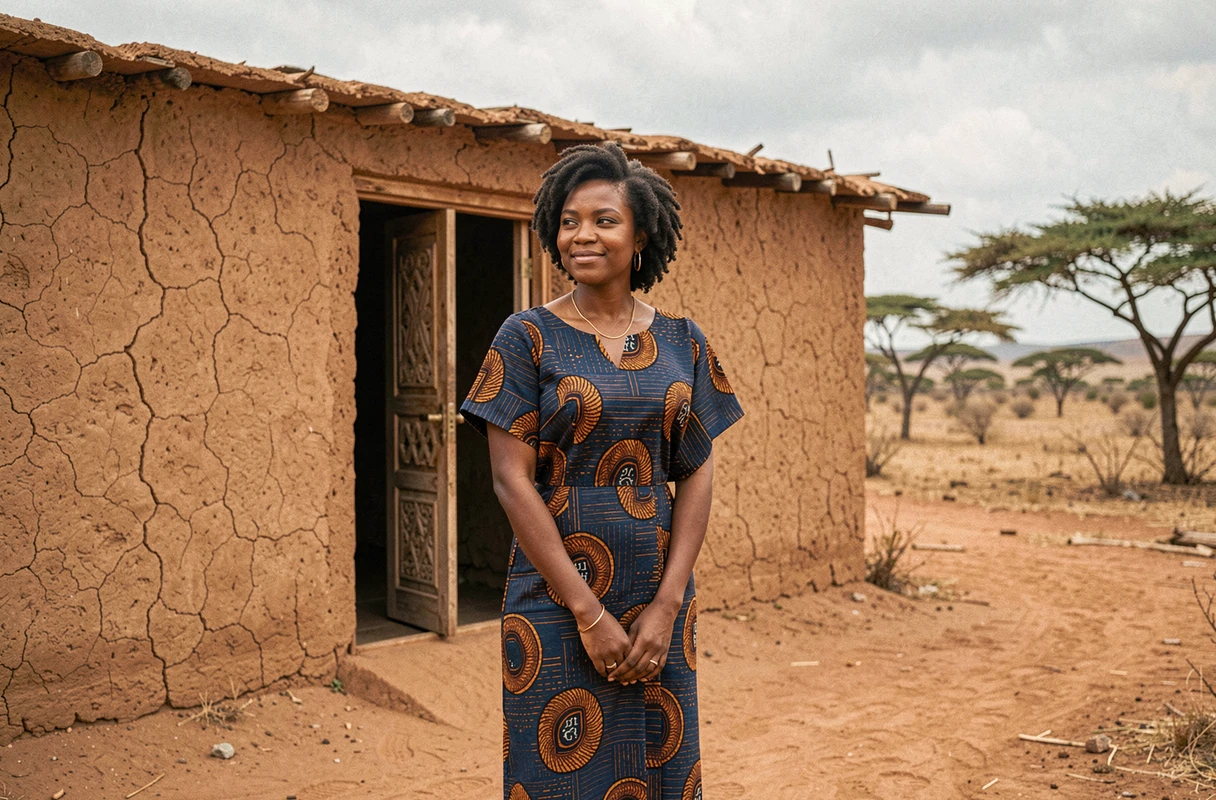 Femme africaine en tenue traditionnelle wax devant une architecture en argile avec portes sculptées, évoquant les racines culturelles et l'identité ancestrale