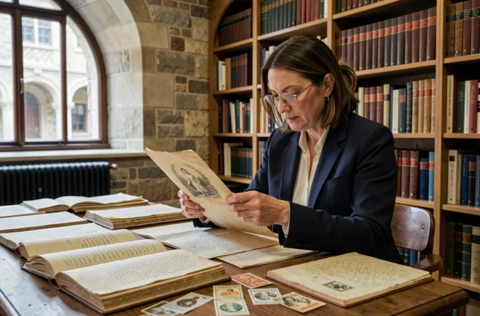 Historienne du parfum étudiant des manuscrits anciens et des livres dans une salle d'archives universitaire aux murs en pierre, entourée de documents sur l'histoire de Séphora