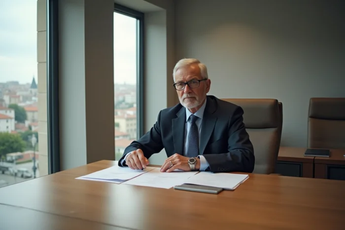 Homme d'affaires politique en réunion dans un bureau institutionnel avec vue sur une ville méditerranéenne française