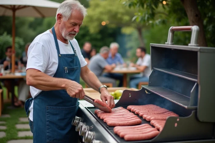 Homme en tablier déposant des saucisses crues sur un barbecue à gaz, plateau de saucisses en attente pour un grand repas