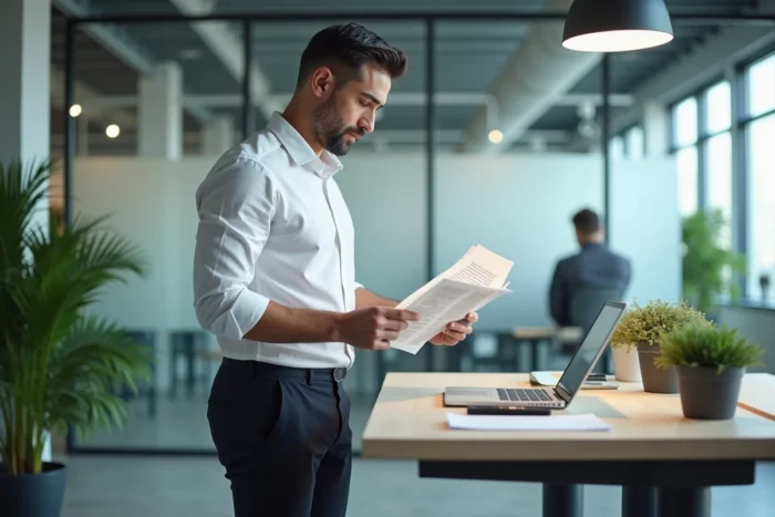 Homme consultant un thésaurus dans un bureau moderne pour améliorer son vocabulaire et ses synonymes du verbe être