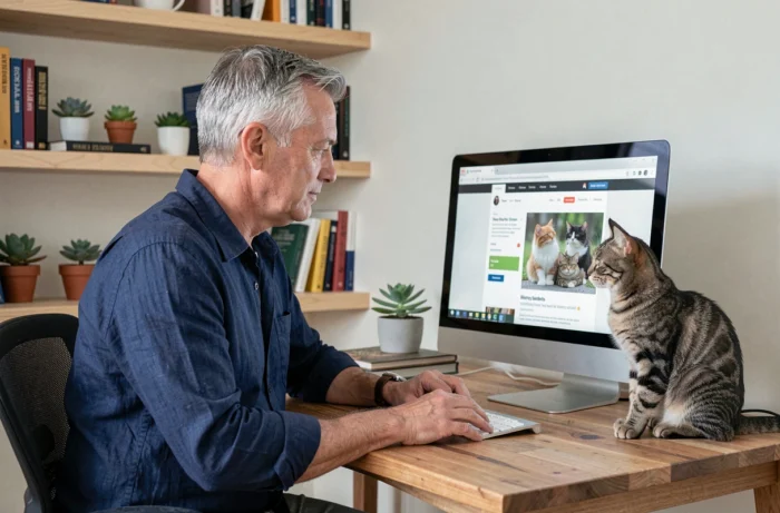 Homme consultant les pages d'un site web pour animaux de compagnie avec son chat posé sur le bureau