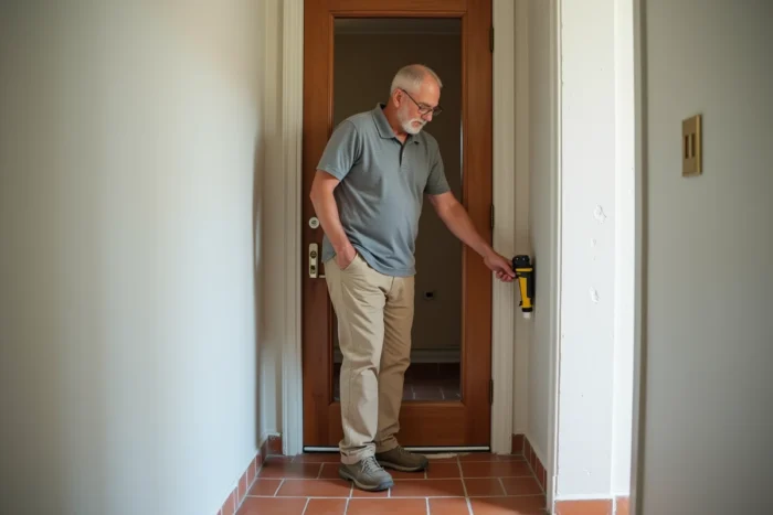 Homme colmatant les fissures d'un encadrement de porte pour prévenir une invasion d'insectes
