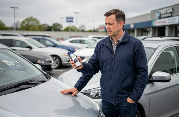 Homme comparant des voitures d'occasion sur smartphone dans un parking de concessionnaire automobile