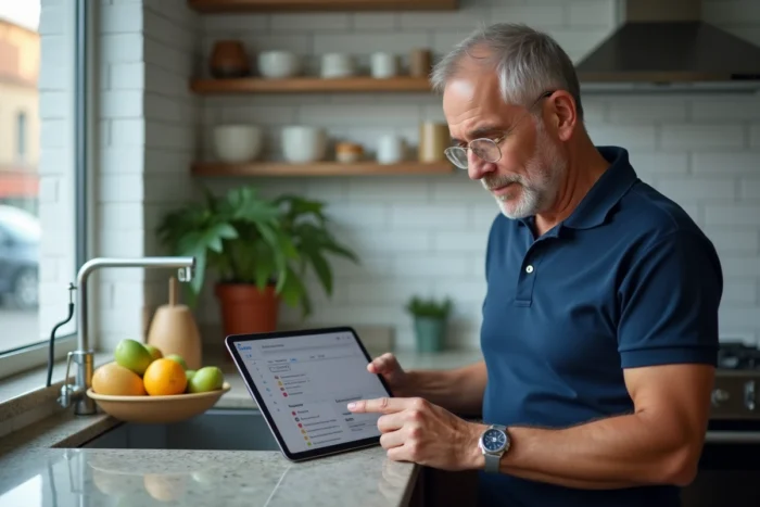 Homme consultant des petites annonces en ligne sur une tablette dans une cuisine moderne