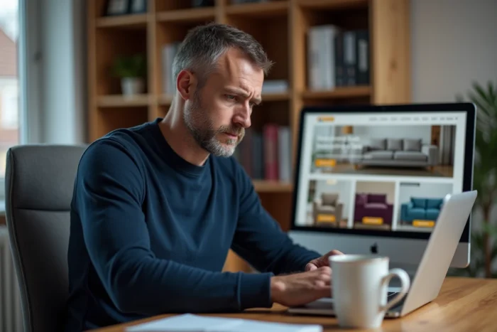 Homme sceptique consultant les offres de soldes Poltronesofa sur un ordinateur portable à son bureau