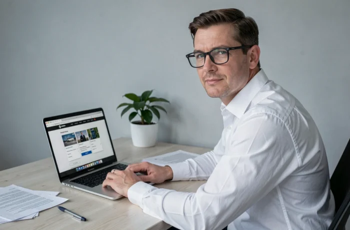 Homme accédant à son espace client Free Mobile sur ordinateur pour récupérer des factures après résiliation