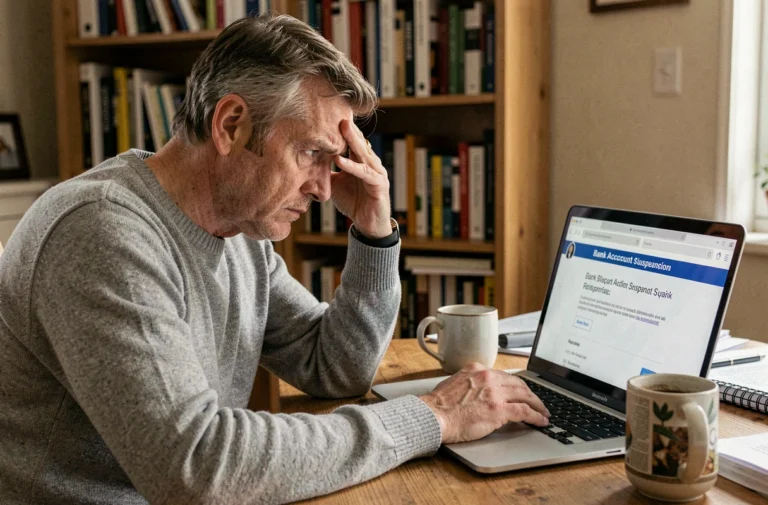 Homme inquiet consultant une notification de suspension de compte bancaire sur son ordinateur portable à son bureau