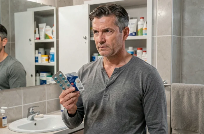 Homme tenant deux plaquettes de médicaments dans une salle de bain, réfléchissant à la prise simultanée de Doliprane et d'Aerius