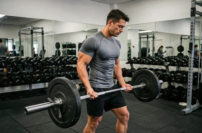 Homme musclé soulevant une barre de musculation dans une salle de sport professionnelle bien équipée