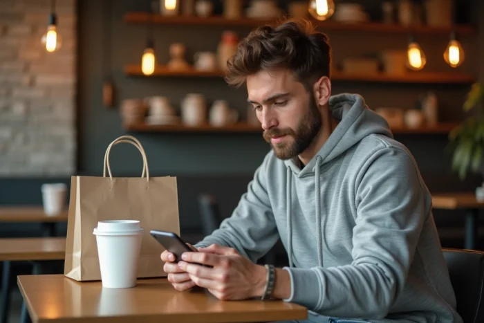Jeune homme réalisant un paiement mobile sécurisé depuis son smartphone dans un café urbain