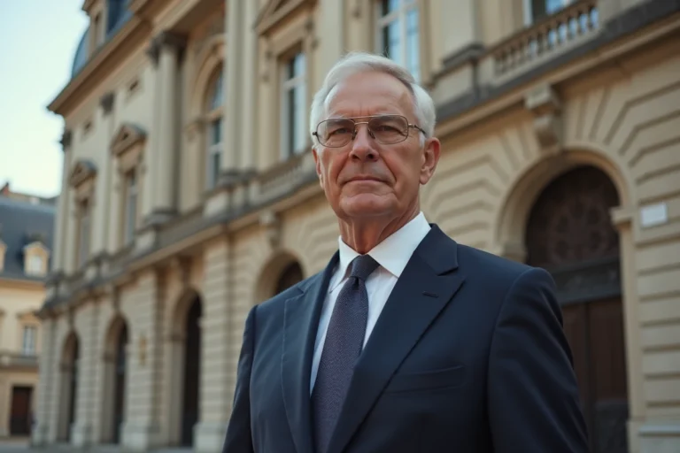 Portrait d'un homme politique français en costume devant un bâtiment institutionnel, symbolisant réussite et parcours professionnel