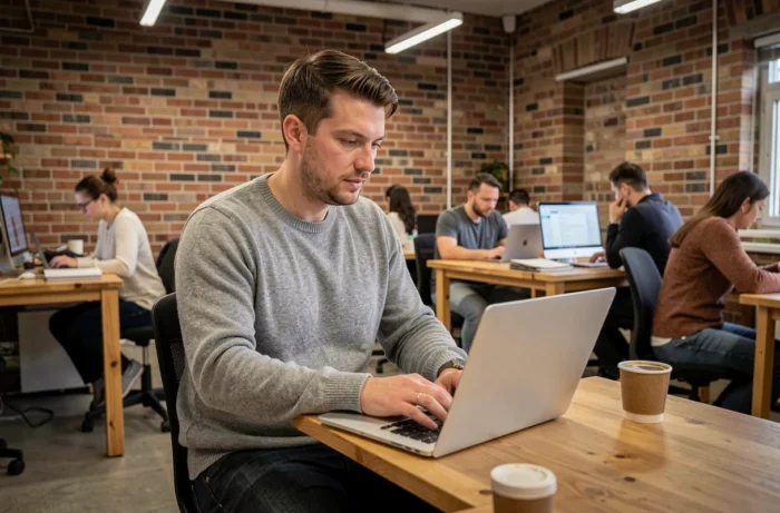 Jeune homme recherchant un emploi en ligne dans un espace de coworking dynamique et moderne