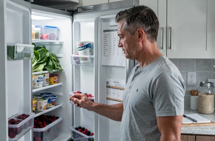 Homme consultant son réfrigérateur rempli d'aliments sains et frais pour planifier des repas légers et équilibrés au quotidien