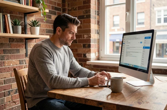 Homme en télétravail rédigeant un email professionnel d'annonce de changement d'adresse depuis son bureau à domicile