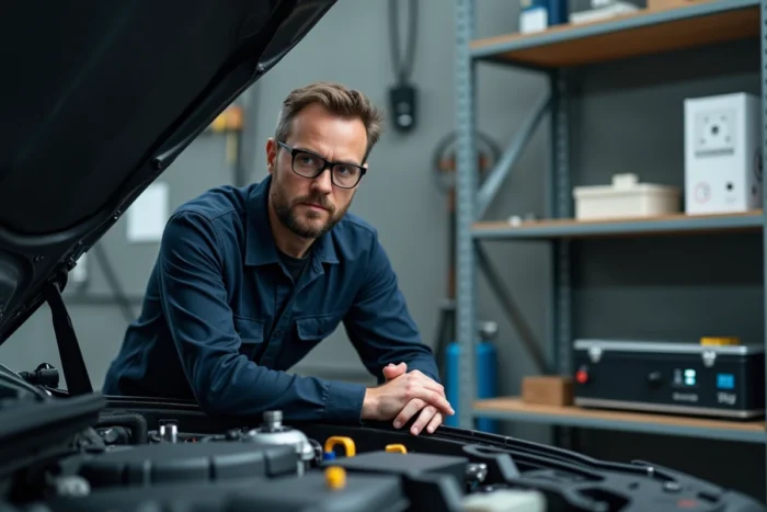 Ingénieur automobile inspectant un moteur hybride innovant dans un atelier mécanique professionnel moderne