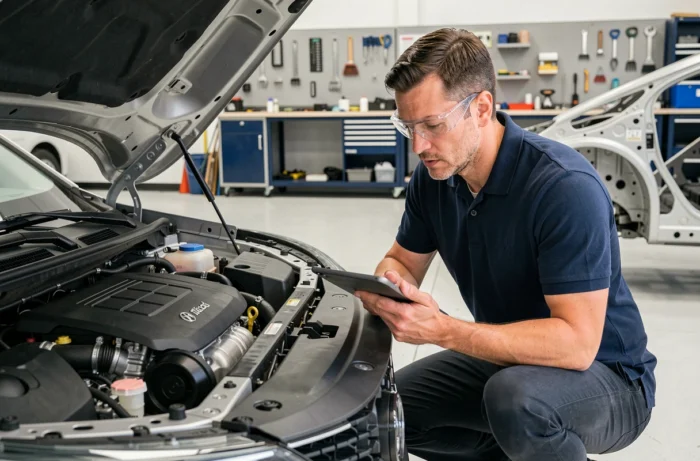 Ingénieur automobile examinant un moteur hybride de nouvelle génération dans un atelier de R&D professionnel