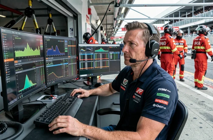 Ingénieur de course en Formule 1 analysant des données télémétrique au mur des stands pour optimiser la stratégie lift and coast