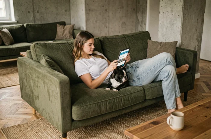 Jeune femme explorant les pages essentielles d'un site pour animaux avec son bouledogue français