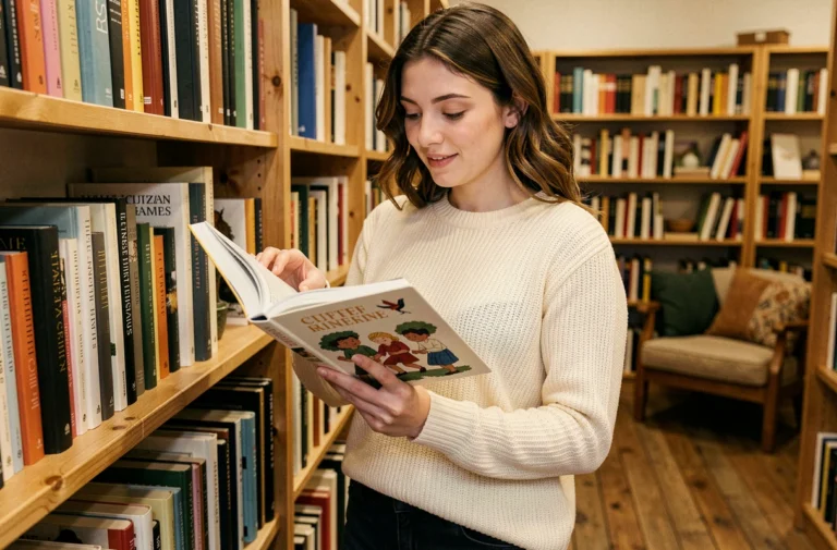 Jeune femme feuilletant un livre illustré coloré dans une librairie indépendante et chaleureuse, actualités La Petite Emma