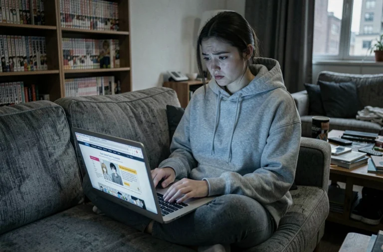 Jeune femme lisant des mangas gratuits en ligne sur son ordinateur portable avec une alerte de sécurité visible à l'écran