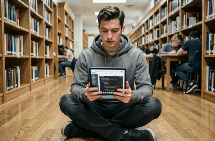 Jeune homme suivant un tutoriel de programmation sur tablette dans une bibliothèque universitaire