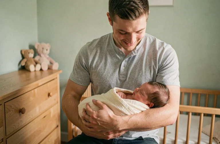Jeune papa tenant tendrement son nouveau-né dans une chambre de bébé cosy en vert sauge