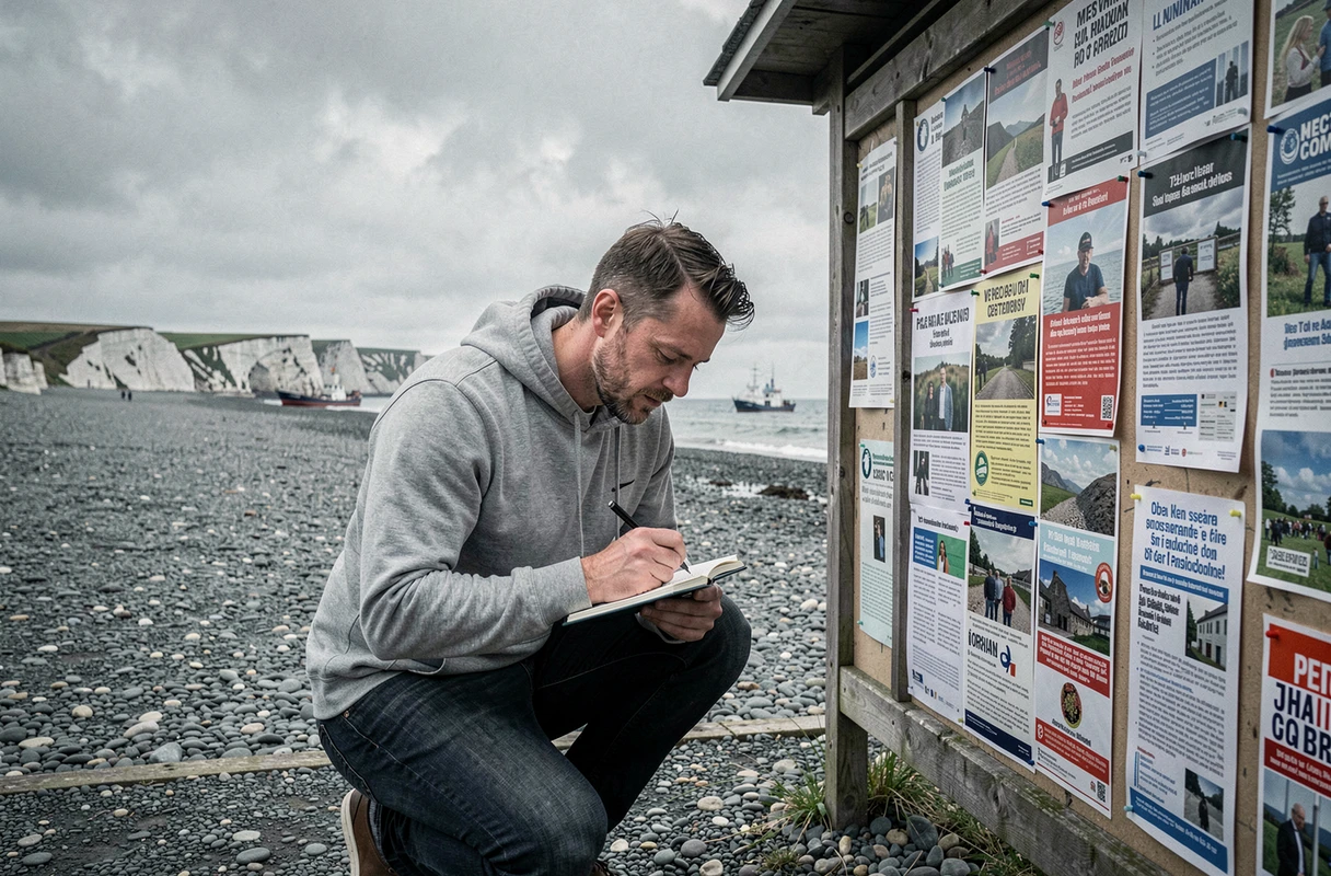 Journaliste prenant des notes devant un panneau d'affichage municipal sur le littoral normand