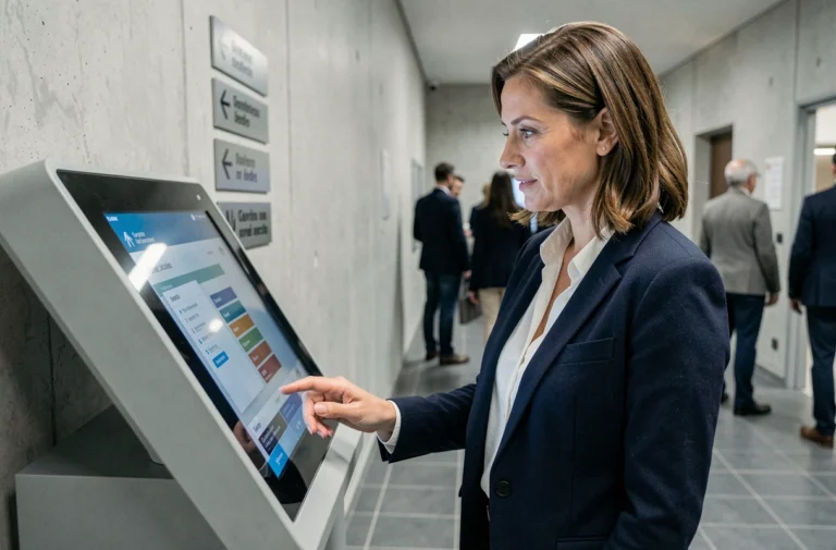 Une femme utilisant un kiosque numérique interactif dans une mairie, illustrant la transformation digitale des services publics locaux en 2024