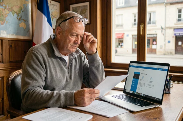 Un maire en milieu rural consultant un portail de services numériques sur son ordinateur portable dans son bureau traditionnel, illustrant l'adoption du numérique par les petites collectivités locales françaises