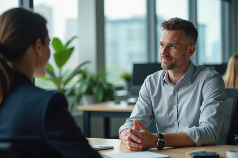 Manager en entretien individuel avec une employée dans un bureau moderne, illustrant l'écoute active et le soutien à la santé mentale au travail
