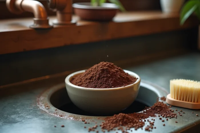 Bol de marc de café avec une brosse naturelle près d'un évier en pierre pour l'entretien des canalisations