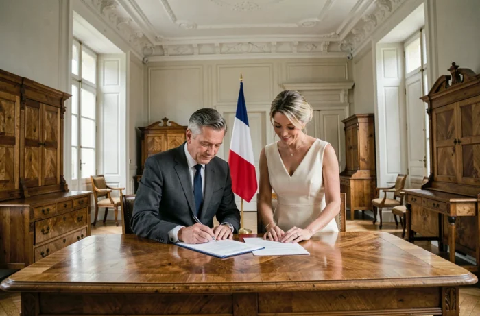 Couple signant les papiers lors d'un mariage civil en mairie évoquant le choix de Marc Toesca