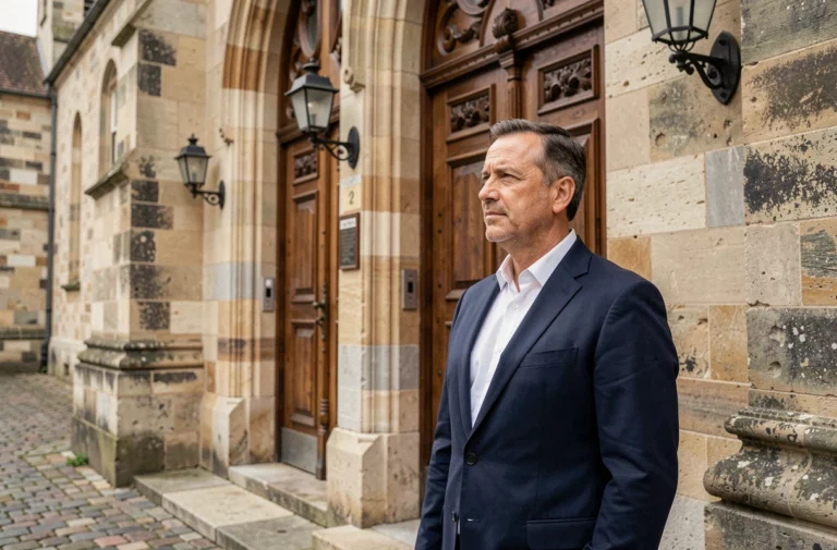 Homme en costume devant une église en pierre symbolisant le mariage religieux de Marc Toesca