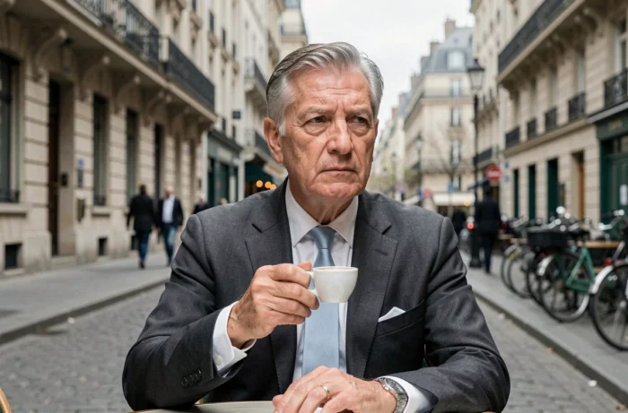 Homme mature pensif en terrasse parisienne illustrant la réflexion sur le choix entre mariage civil et religieux