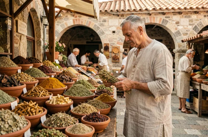 Marché méditerranéen ancien avec des étals en bois remplis d'herbes aromatiques et d'encens, un marchand examinant des plantes séchées devant des arches en pierre