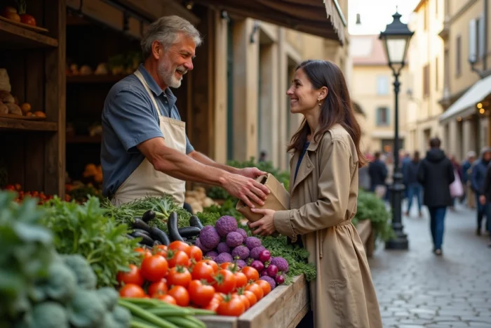 Étal de marché provençal avec légumes anciens variétés patrimoniales et interaction entre maraîcher et cliente